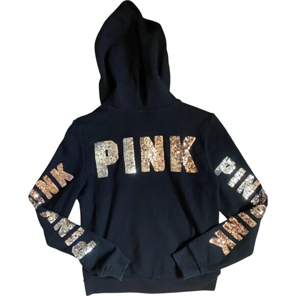 PINK Victoria's Secret Tops - Victoria’s Secret Pink Rose Gold Silver Ombre Bling Sequin Hoodie S Black Zip Up
